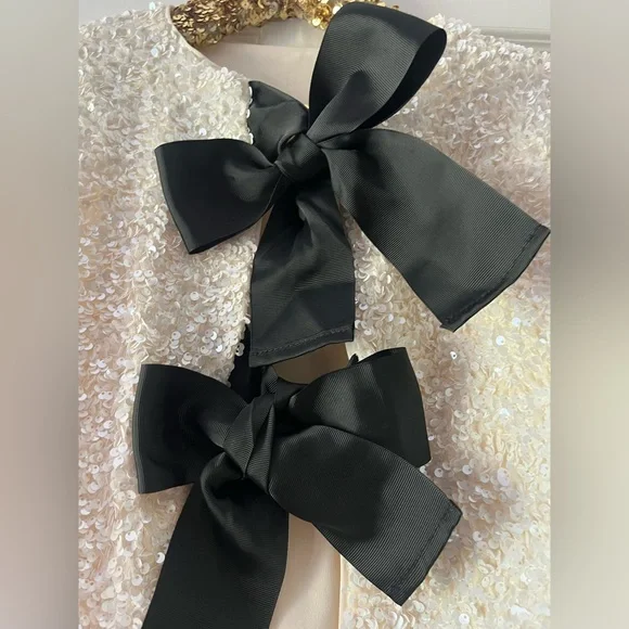 NWT Commense Cream Sequin Black Ribbon Bow Cardigan Jacket - Picture 6 of 14